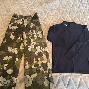 Youth medium boys camouflage ski snow insulated pants & under armour black shirt